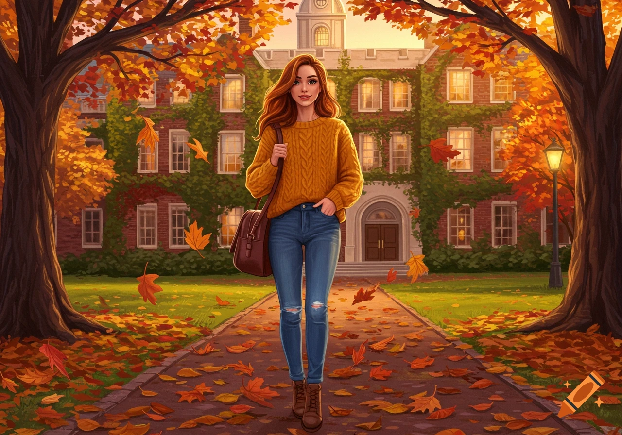 An illustrated young woman with long red hair walks on a leaf-strewn path on a college campus during autumn.