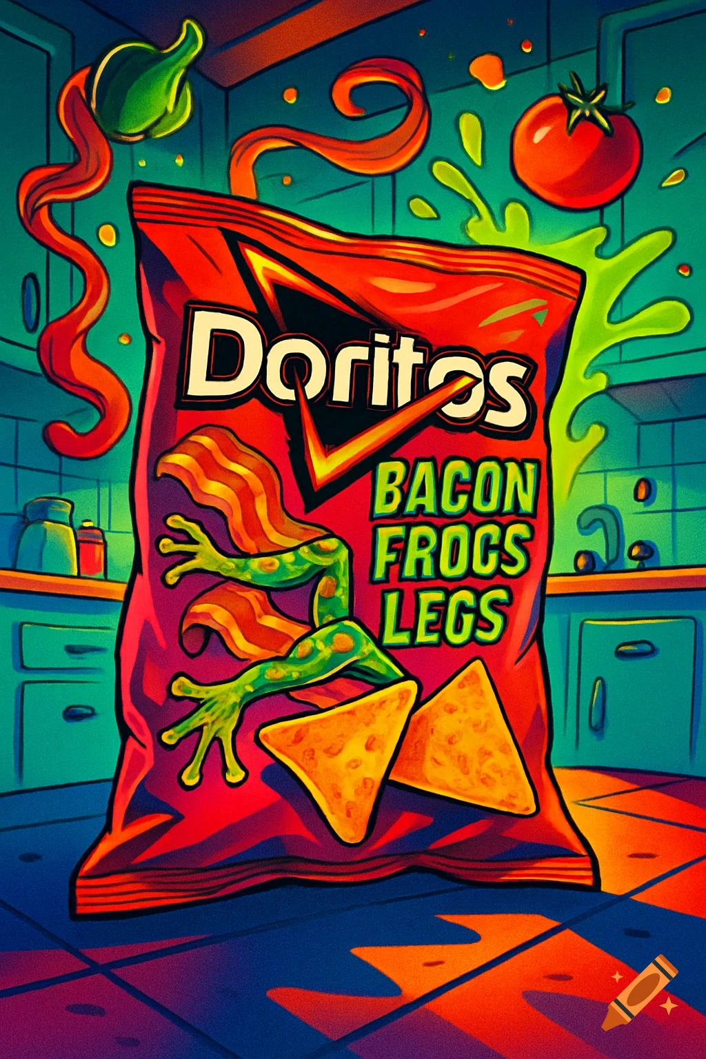 A vibrant, cartoon-style Doritos bag for 'Bacon Frogs Legs' flavor, featuring green frog limbs and bacon swirls, in a stylized kitchen.