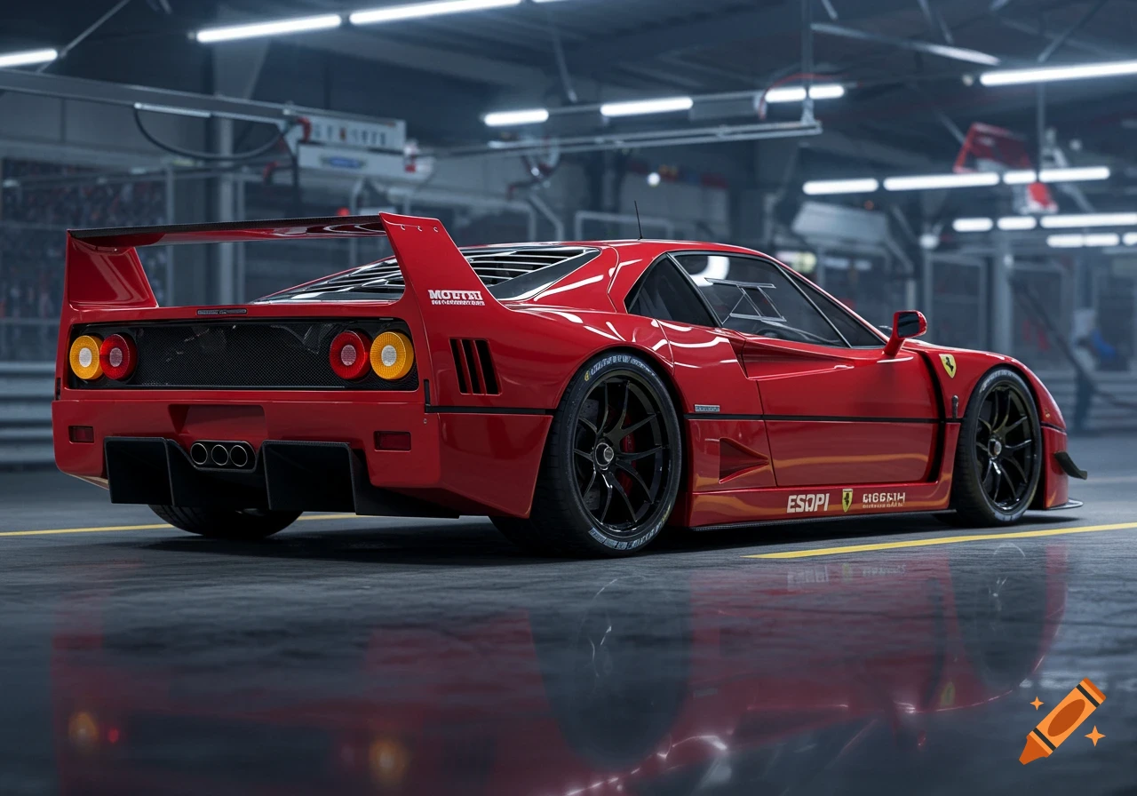 A sleek red Ferrari F40 long tail sports car, seen from the rear three-quarter angle, parked in a modern, well-lit garage.