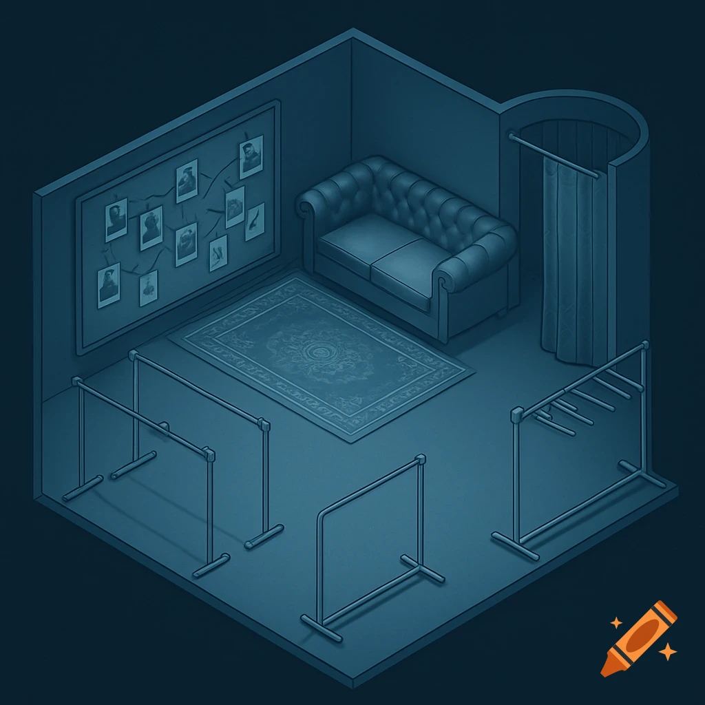 Isometric illustration of a room with a changing room, couch, rug, a web board, and clothing racks, in a monochromatic blue/grey palette.