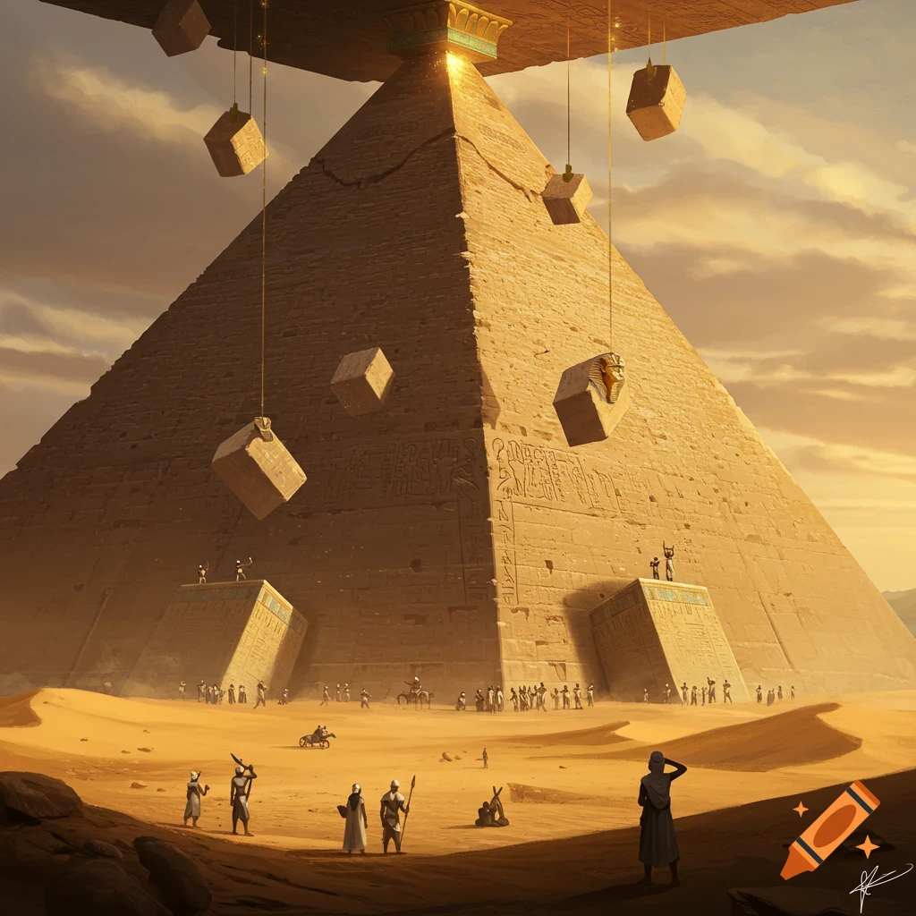 A vast desert scene with a massive pyramid under construction, with floating blocks being lowered from a golden structure above, surrounded by many small figures.