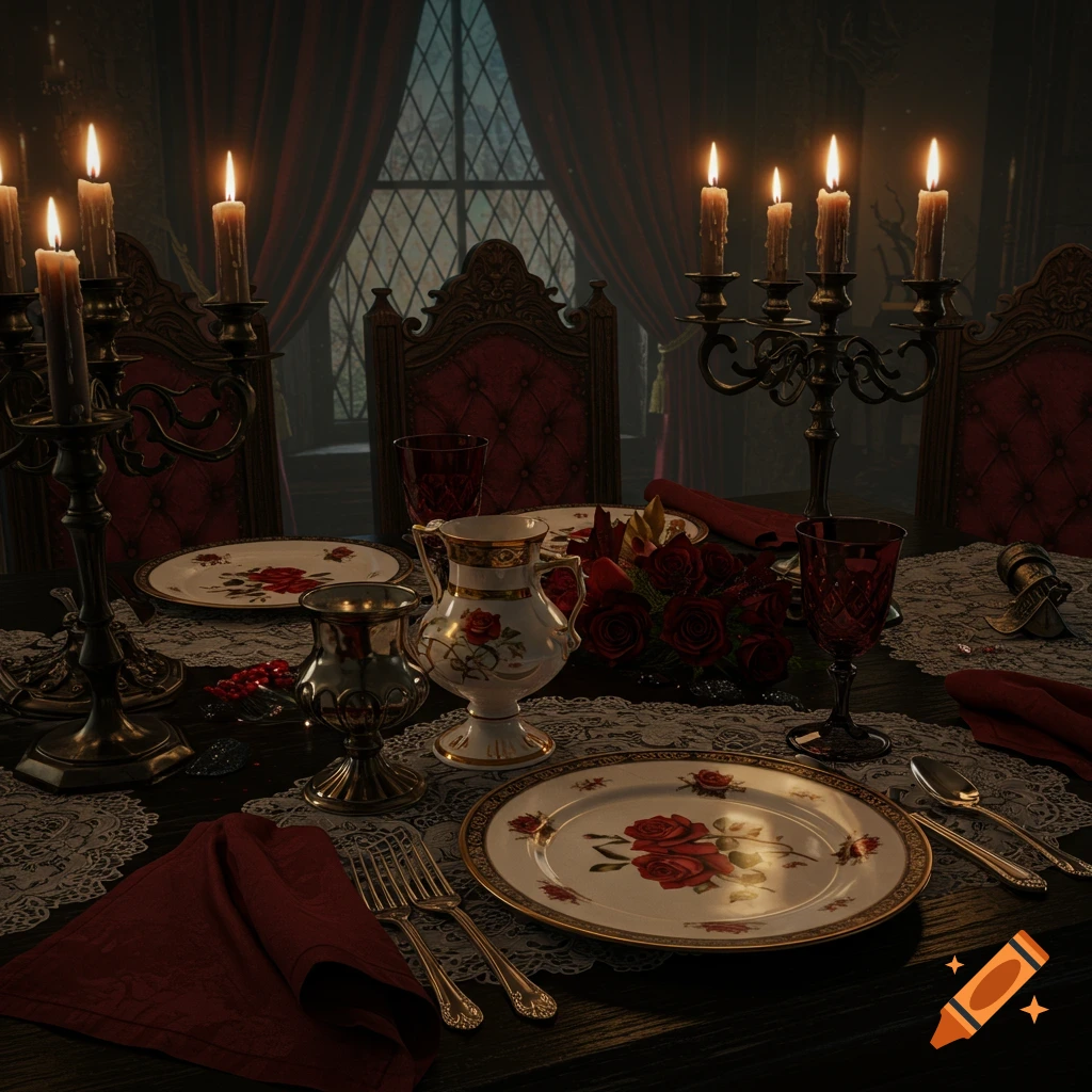 A richly decorated gothic dining table set with lit candelabras, rose-patterned plates, red napkins, and a bouquet of red roses, bathed in dim light.