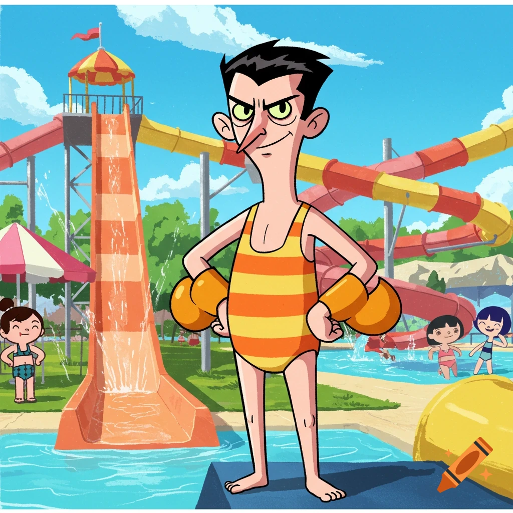 Cartoon character resembling Him from Powerpuff Girls in a striped swimsuit and armbands at a waterpark.