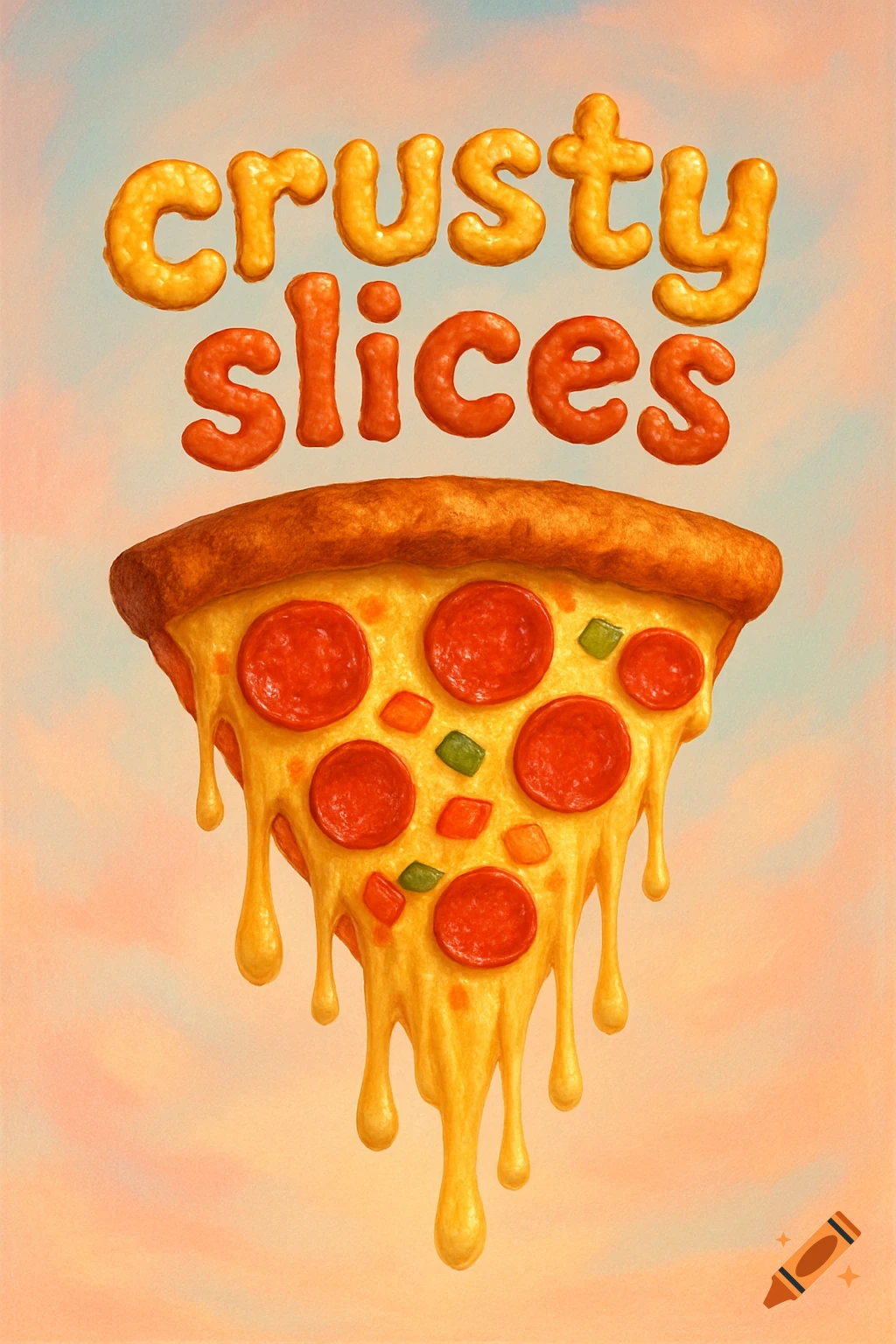 A whimsical illustration of a dripping pizza slice with pepperoni and peppers, with the words "crusty slices" above it.