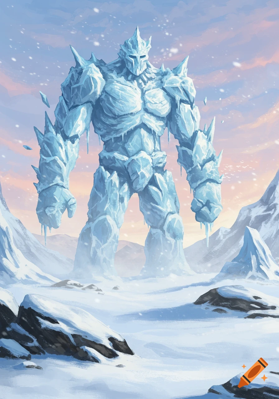 A massive, armored ice golem stands imposingly in a vast, snowy mountain landscape under a colorful, partially cloudy sky.