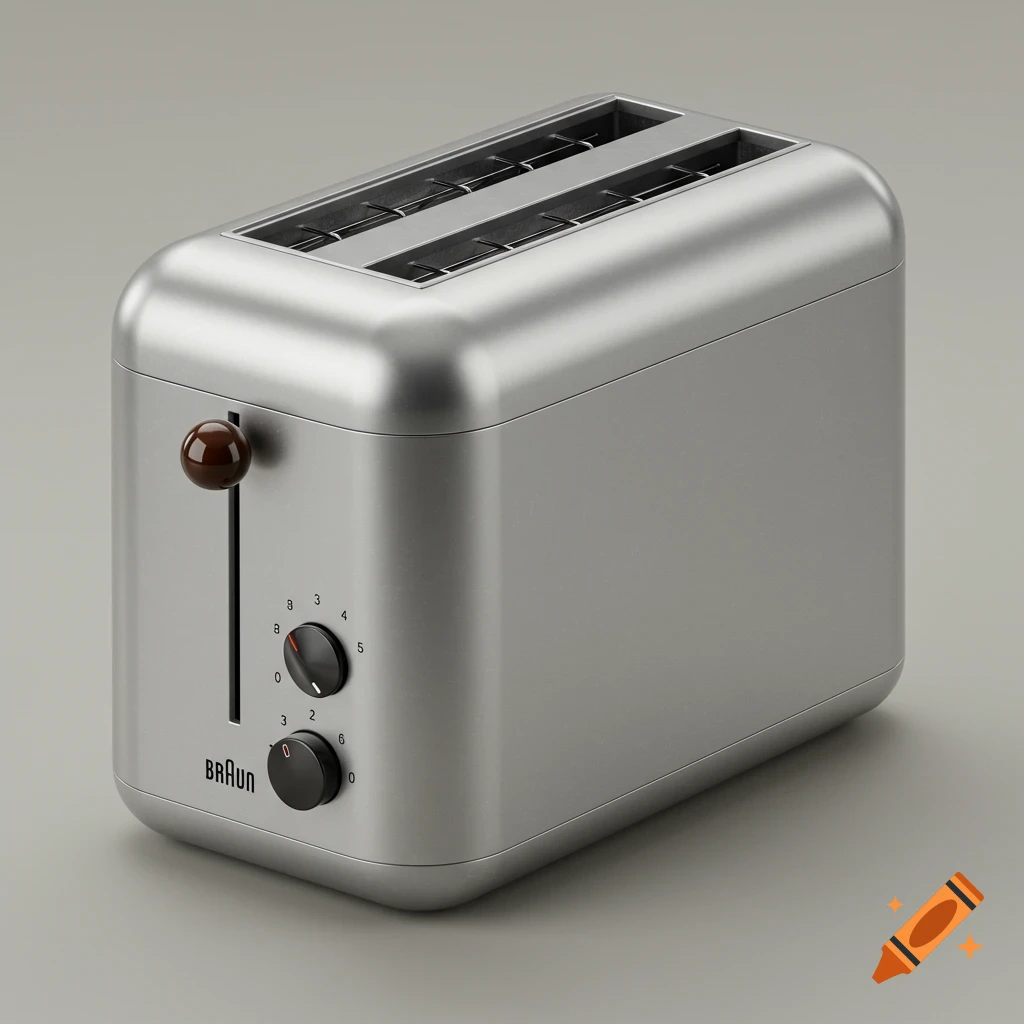 A modern silver two-slice toaster with a brown lever, black control knobs, and "Braun" text, on a grey background.