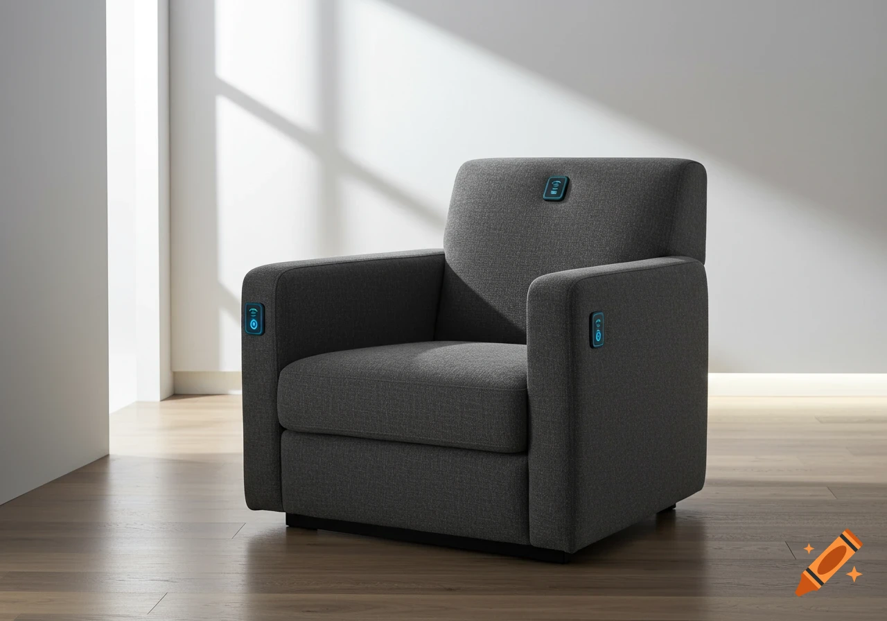 A modern dark grey armchair with glowing blue control panels on the armrests and backrest, in a minimalist room with wooden floor and white walls.