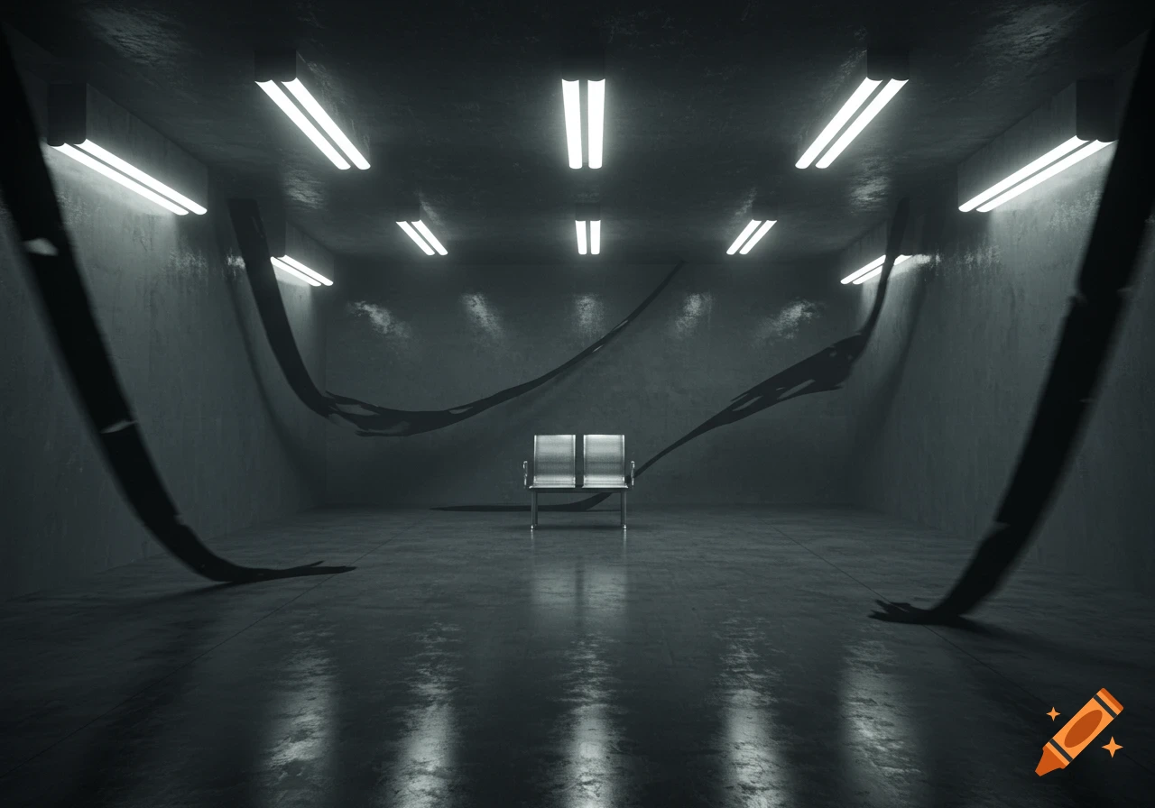 A dark, empty liminal space with fluorescent lights, a metallic bench, and long, abstract shadows on the textured walls and reflective floor.