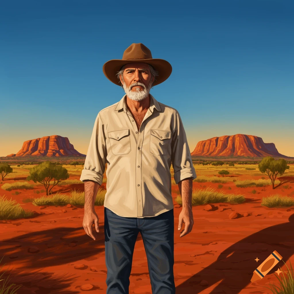 An older bearded man in a hat and button-up shirt stands in a red desert with prominent rock formations under a blue sky.