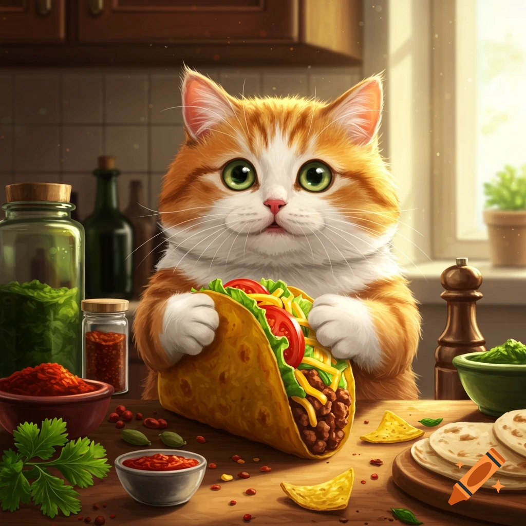 A cute ginger and white cat with large green eyes holds a taco in a rustic kitchen, surrounded by ingredients.