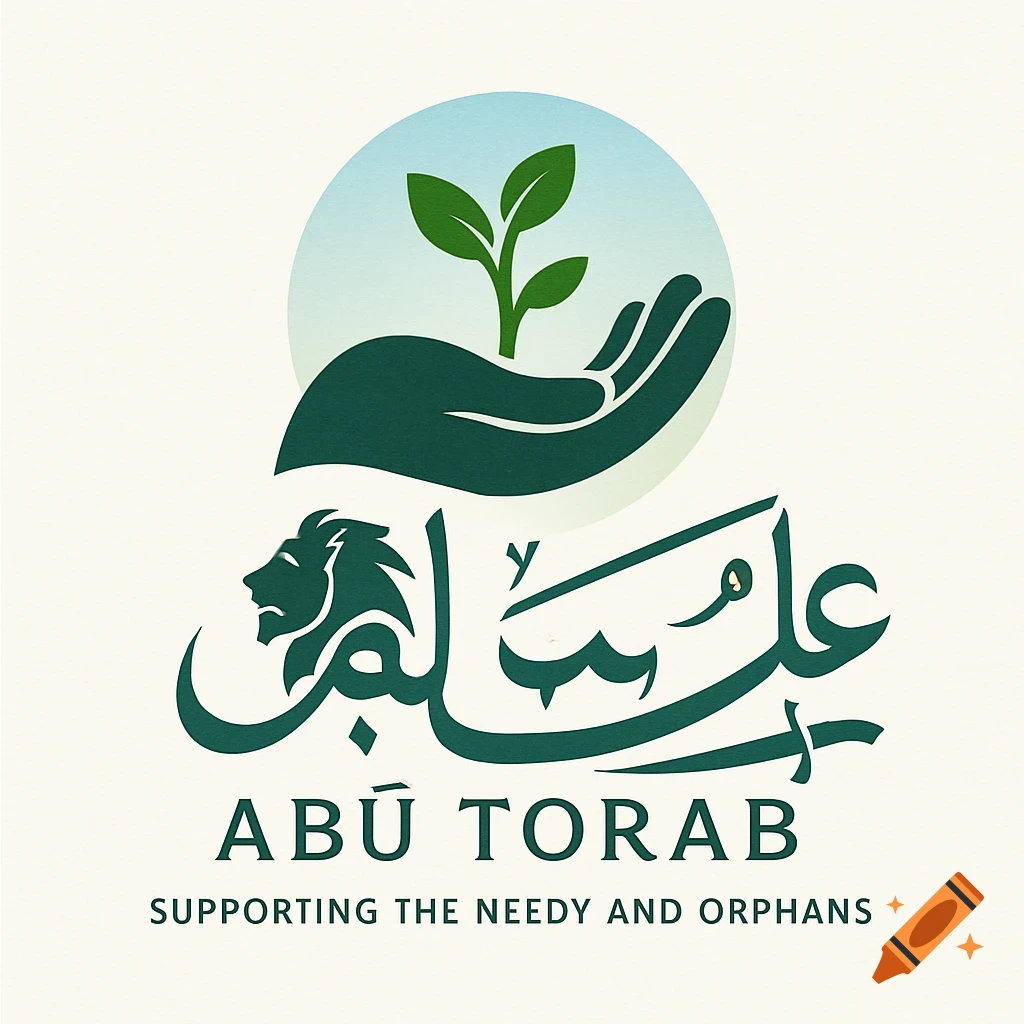 A charity logo featuring a green hand holding a growing plant, a stylized lion head, and the text "ABŪ TORAB SUPPORTING THE NEEDY AND ORPHANS" along with Arabic script, all on an off-white background.