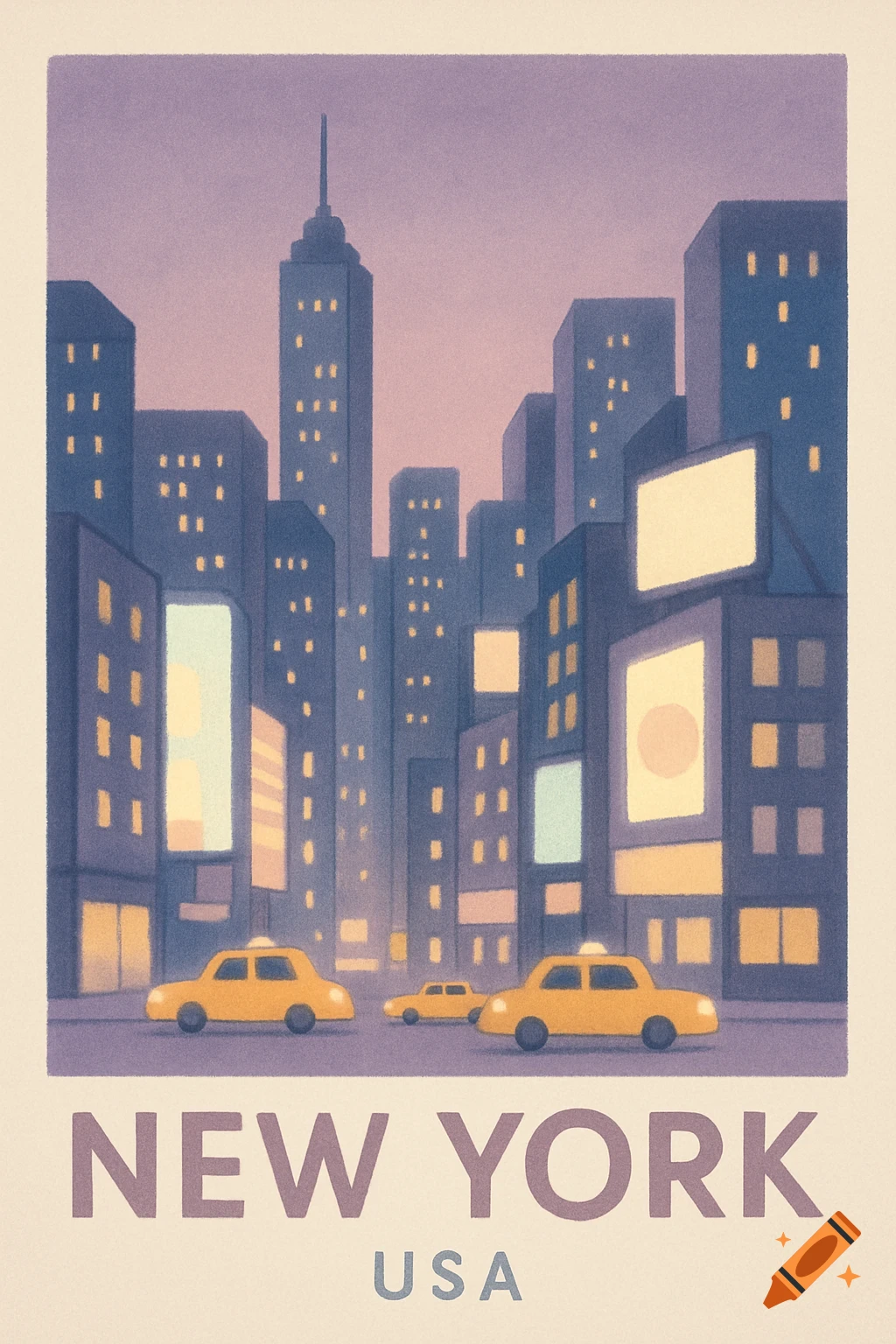A minimalist digital art travel poster of a New York cityscape at dusk with tall buildings, glowing billboards, yellow taxis, and the text 'NEW YORK USA' at the bottom.