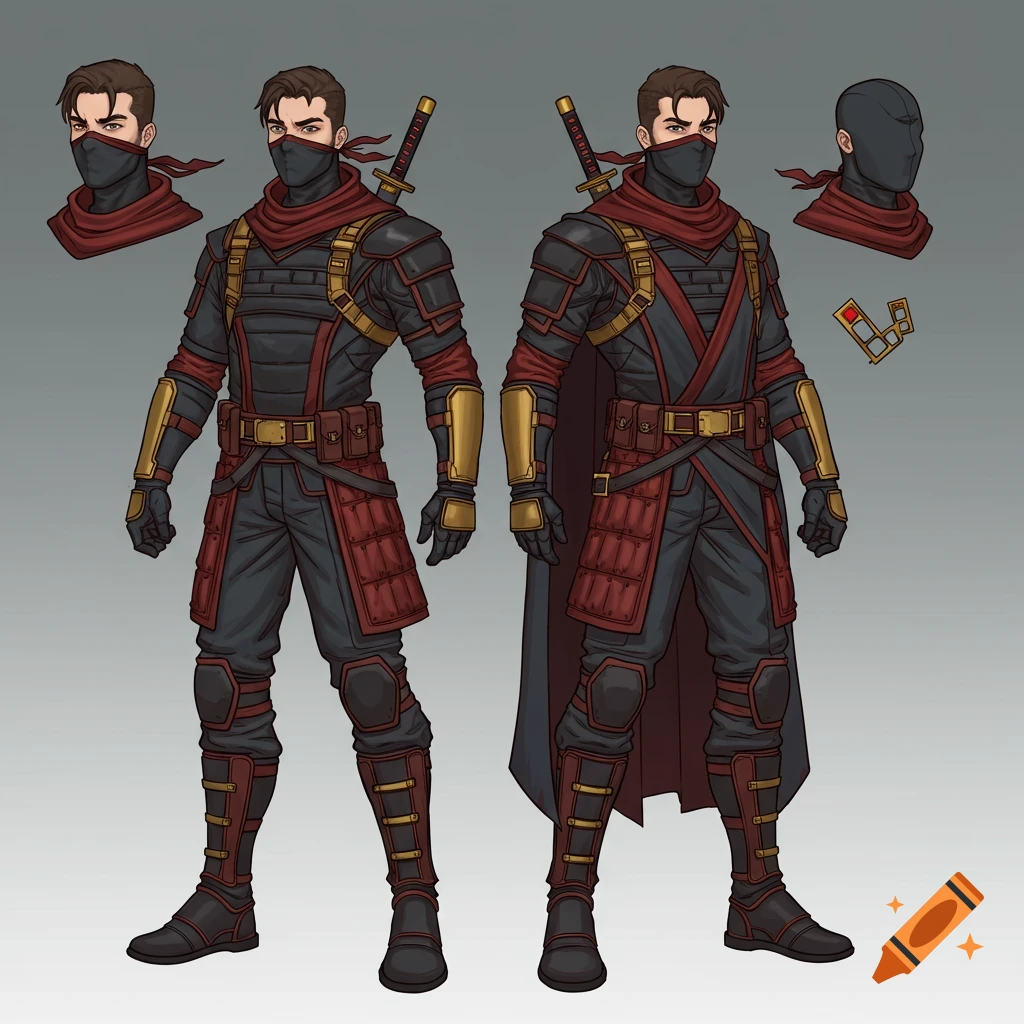 Two 2D comic art illustrations of a masked male ninja warrior in black, red, and gold tactical gear, with various accessory details.