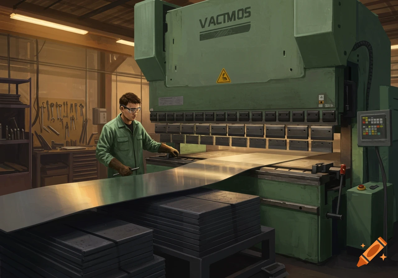 A man in safety glasses and gloves operates a large green metal folding machine in a workshop, with stacks of metal sheets nearby.
