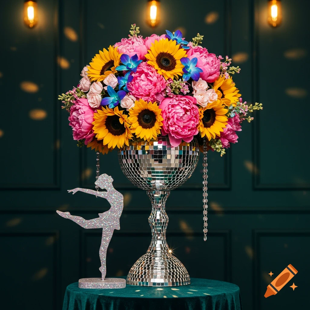 Vibrant sunflowers, pink peonies, and blue orchids in a disco ball vase next to a glittered dancer cutout on a dark green table.