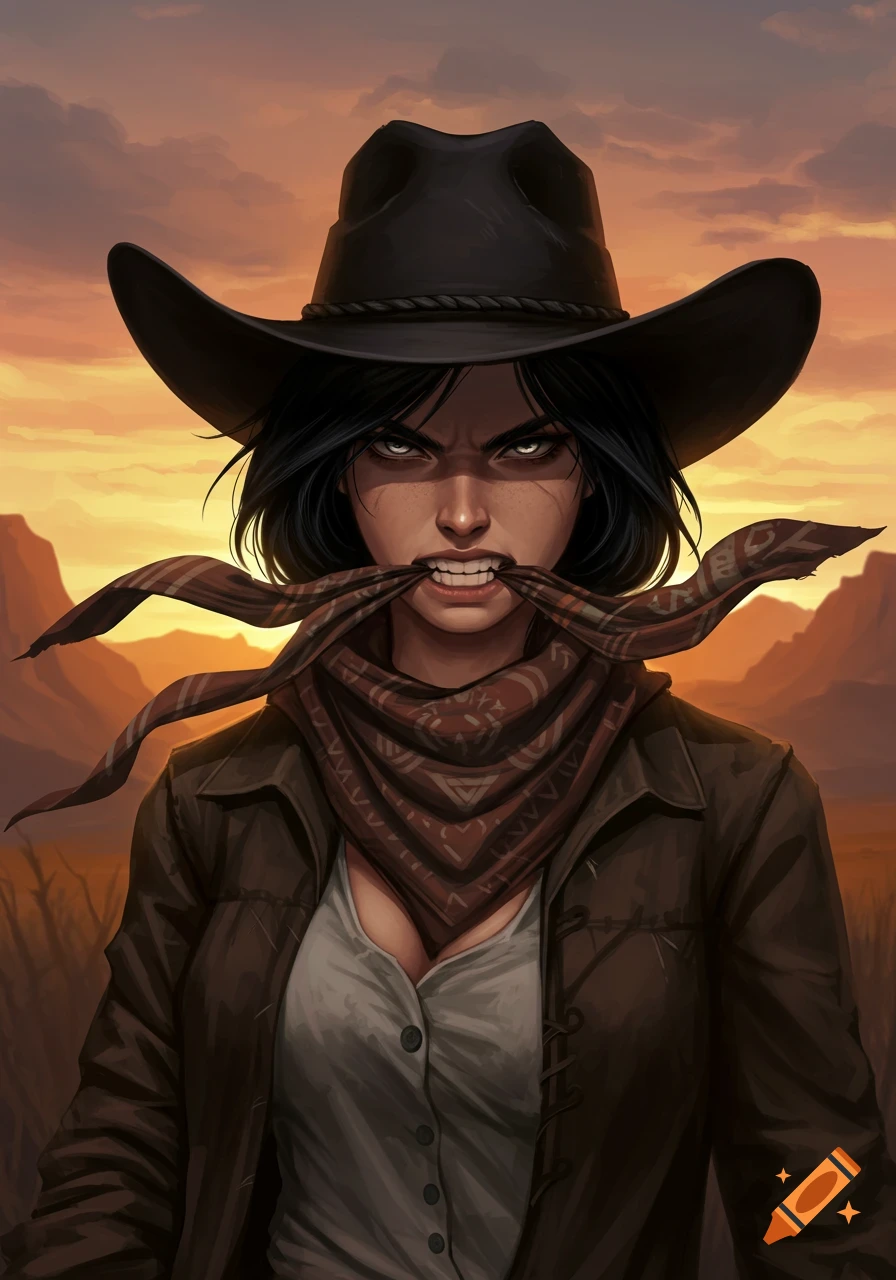 A stern woman in a black cowboy hat and brown jacket bites a patterned bandana, with a sunset desert landscape background. Fantasy art style.