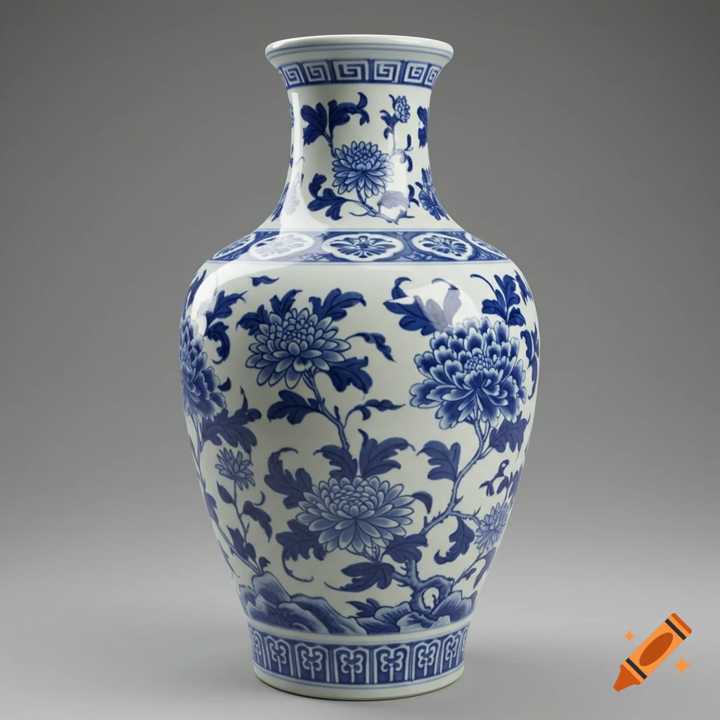 A tall white porcelain vase with intricate blue floral and leaf patterns, in the style of Chinese blue and white pottery, on a grey background.