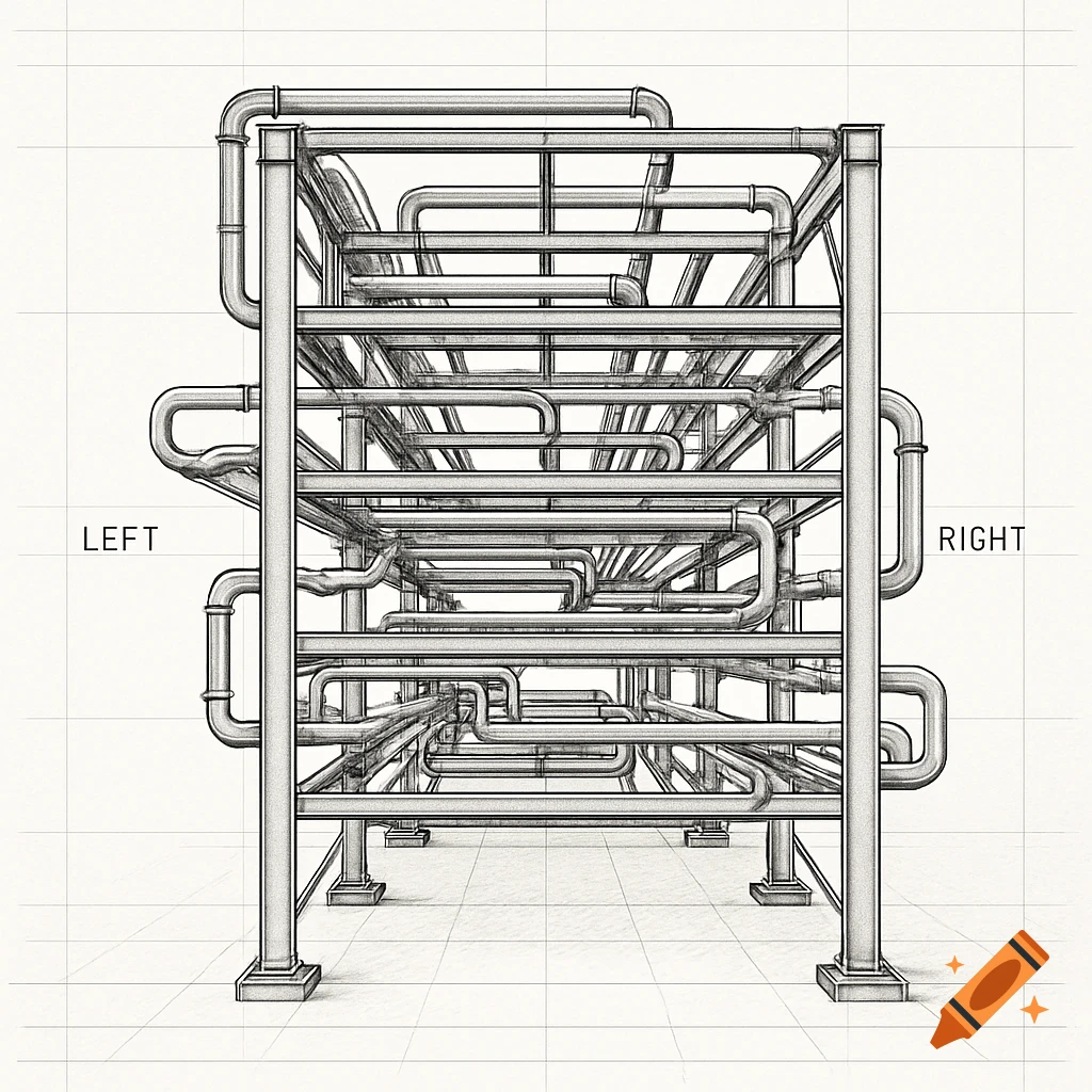 Schematic drawing of a seven-level industrial pipe rack with "LEFT" and "RIGHT" labels, viewed from the end.