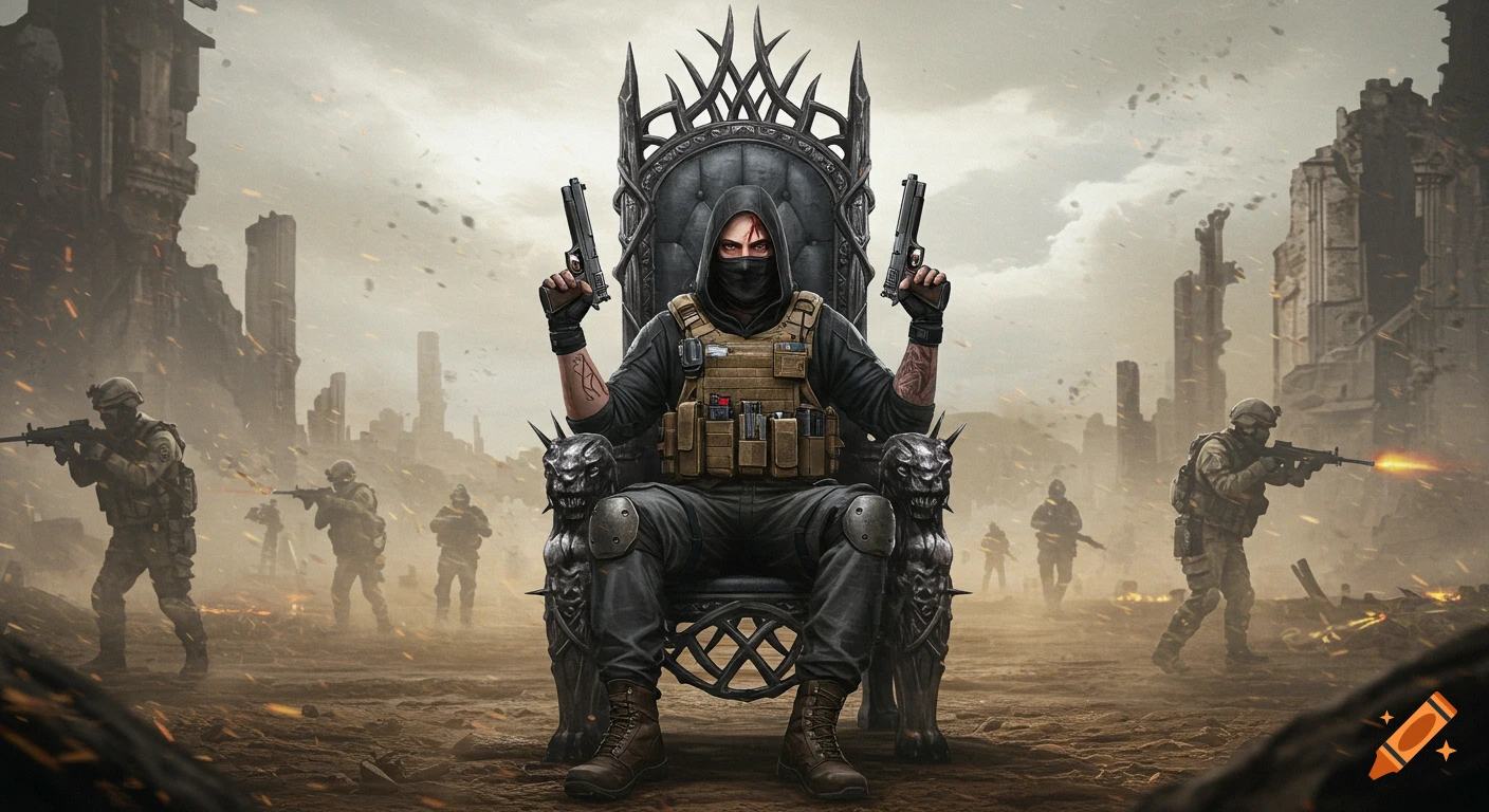 A masked soldier on a spiky throne holds two pistols, surrounded by armed soldiers in a war-torn city.