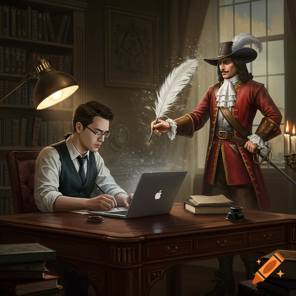 A modern man in a vest writes on a laptop at a desk in a library, while a musketeer-like figure in a red coat magically guides a feather quill above the laptop.