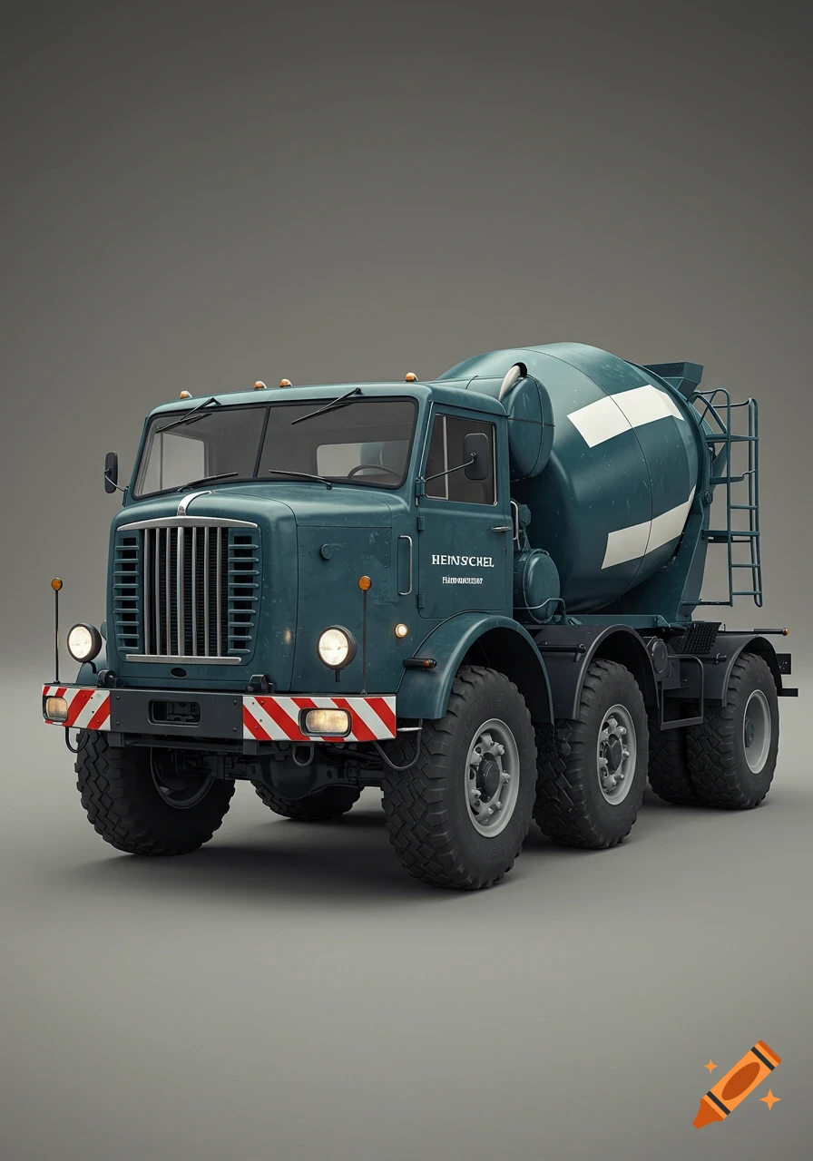 A detailed teal Henschel concrete mixer truck with a striped bumper on a plain gray background.