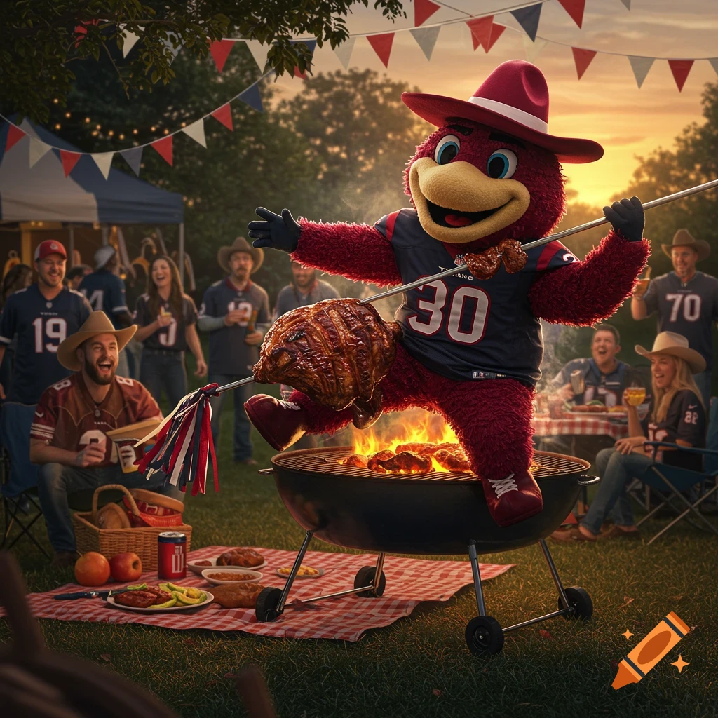 A red furry mascot in a football jersey dances on a grill holding a spit of roasted meat at a tailgate party with people.