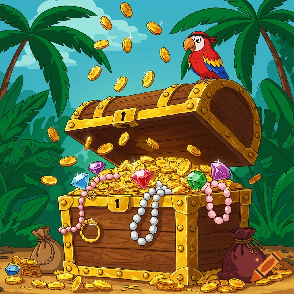 Cartoon illustration of an open treasure chest overflowing with gold coins and colorful jewels, with a parrot perched on top, surrounded by palm trees.