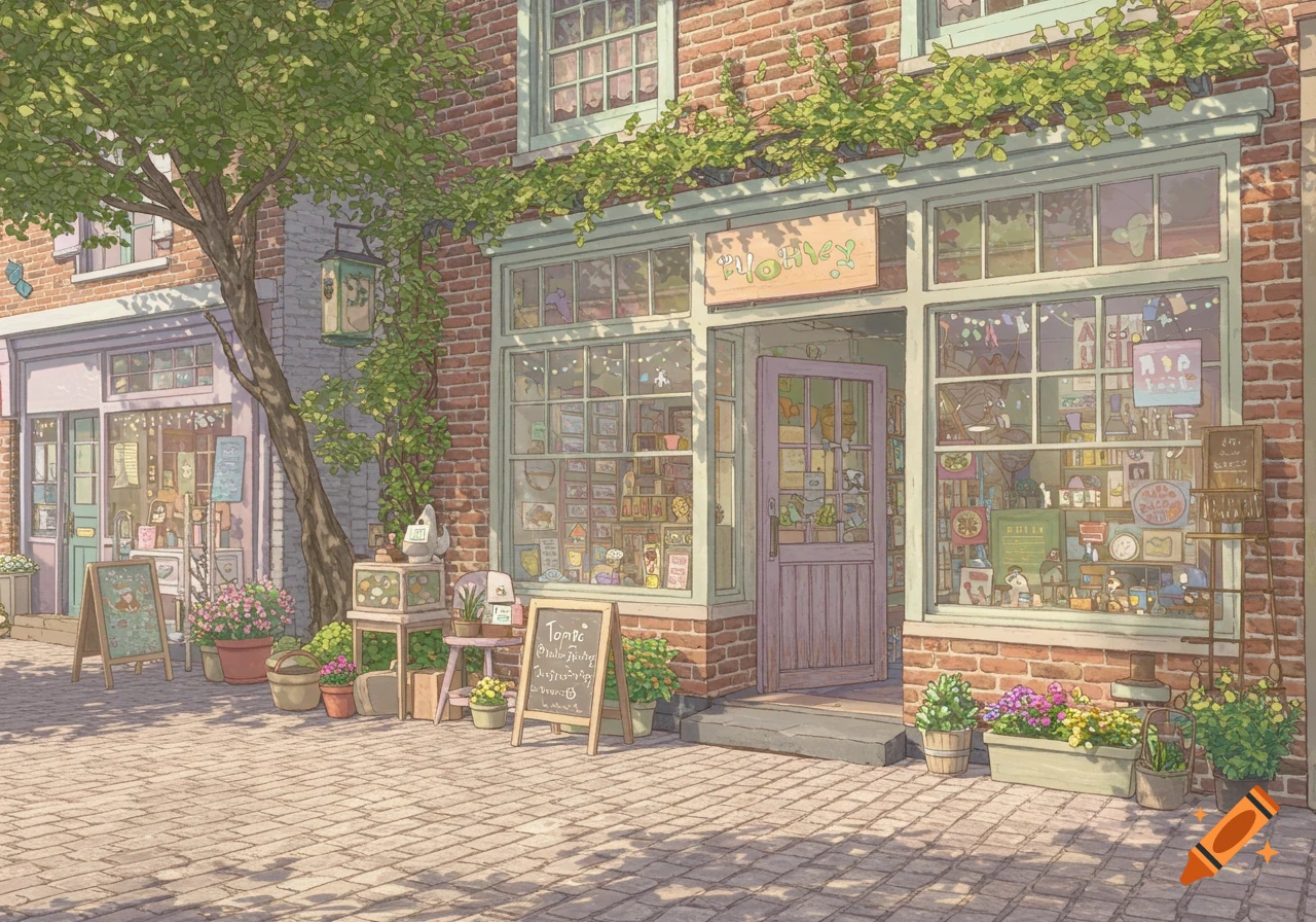 A charming, pastel-toned illustration of a brick storefront adorned with green vines and flowering plants, with sandwich boards and a tree on a cobblestone street.