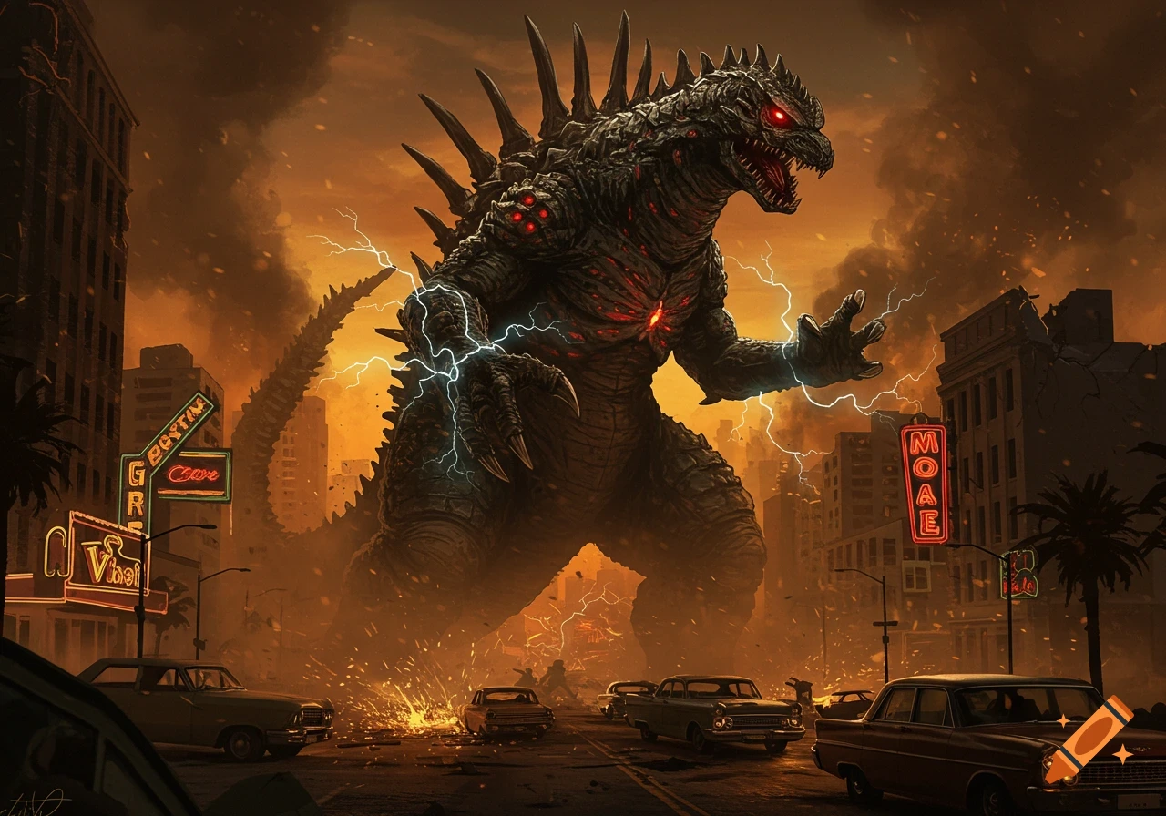 A giant, dark kaiju with glowing red eyes and chest stands amidst a retro city at dusk, surrounded by lightning and debris.