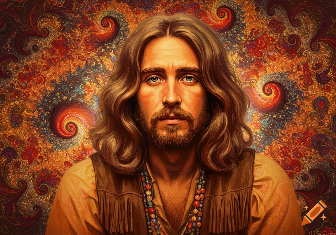 Vibrant art portrait of a long-haired, bearded hippie man in a fringed vest and beads, against a swirling psychedelic background.