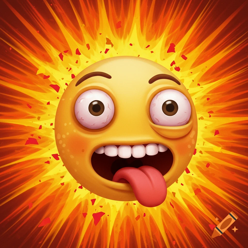 A crazy yellow emoji with bulging bloodshot eyes, one drooping eyelid, wide-open mouth, and a red tongue sticking out, set against a vibrant, fiery explosion background.