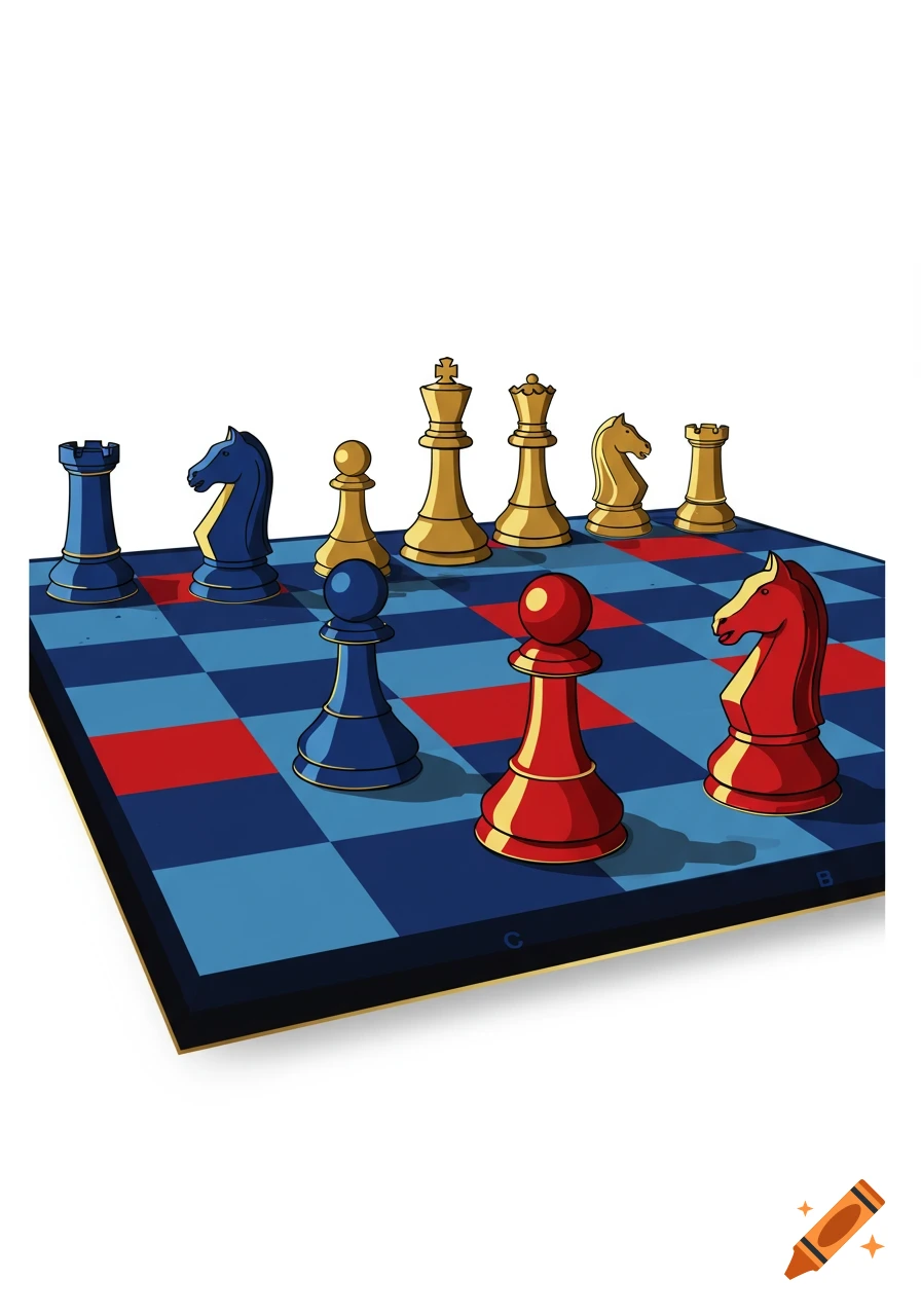 A minimalistic vector art illustration of a chessboard with blue, red, and gold chess pieces.