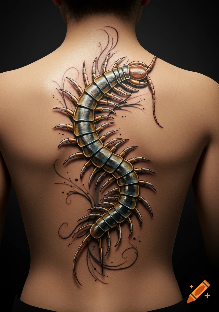 Photorealistic metallic centipede tattoo spanning a person's upper back with decorative swirls.