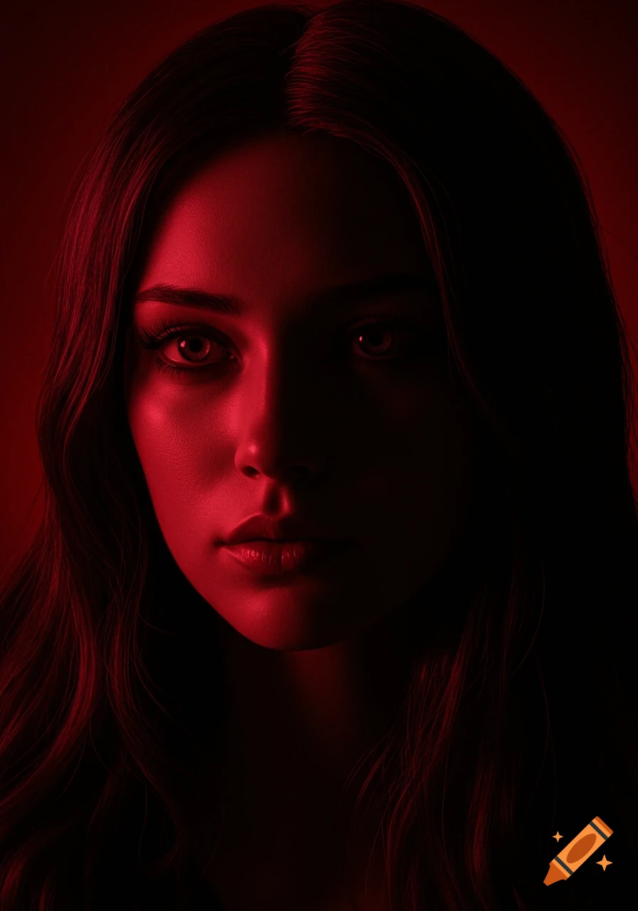Ultra-realistic close-up portrait of a young woman with long hair in dramatic red lighting, featuring a moody, cinematic atmosphere.