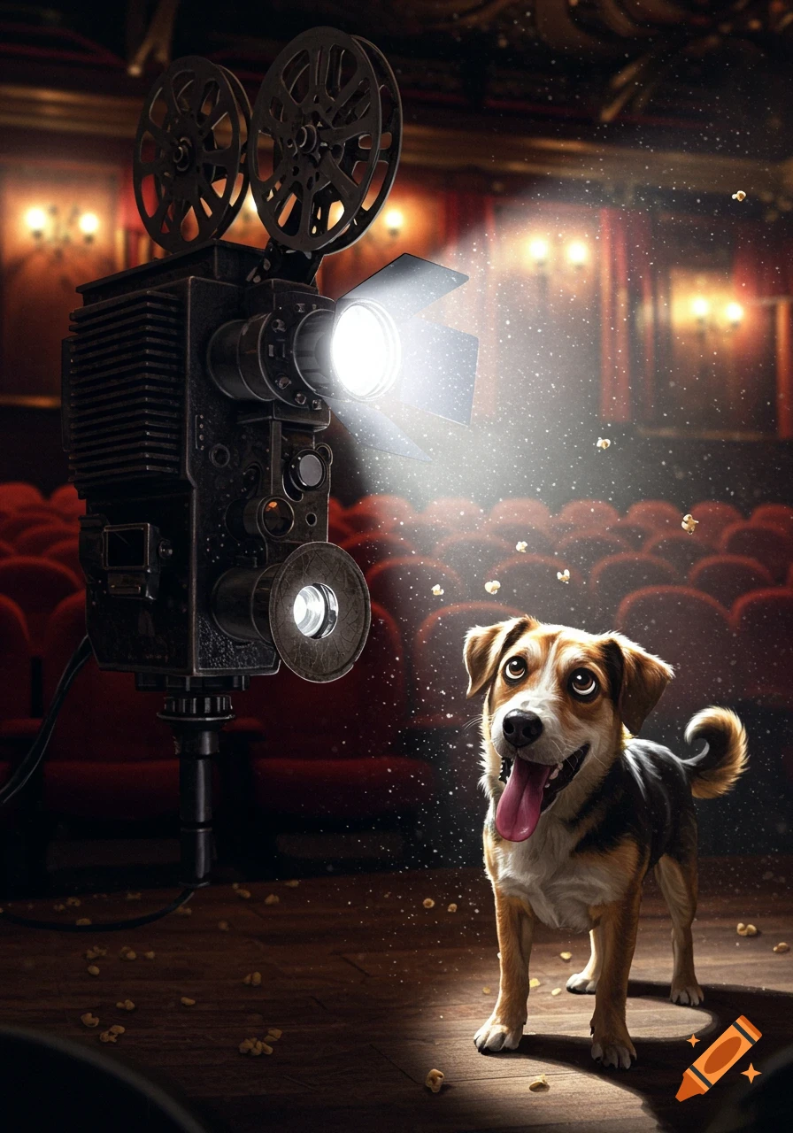 A photorealistic image of a happy dog on a wooden stage in a dimly lit movie theater, illuminated by a large vintage film projector.