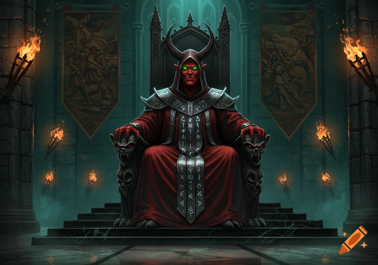 A red-skinned, horned demon with glowing green eyes sits on an elaborate dark throne in a torch-lit castle hall. Dark fantasy art style.