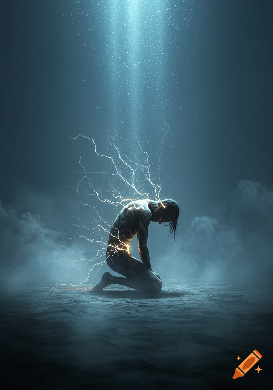 A kneeling figure in a dark, misty landscape, surrounded by glowing lightning under a strong beam of light from above.