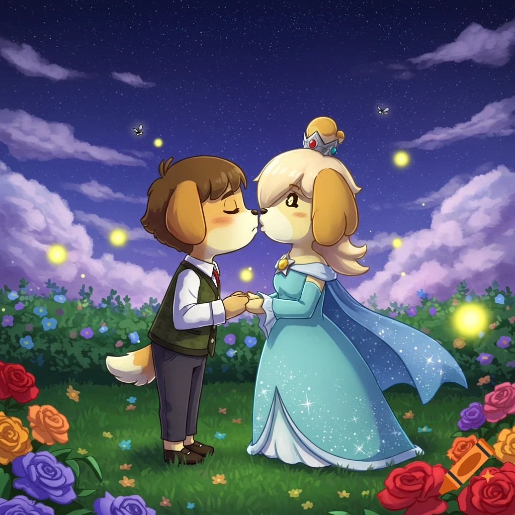 Cartoon dog-like characters, a male and female dressed as Rosalina, hold hands and kiss in a magical flower field at night.