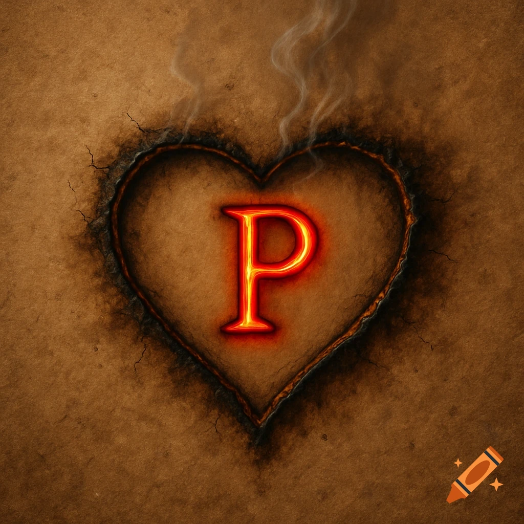 A burning heart shape carved into a brown surface with a fiery letter 'P' in its center.