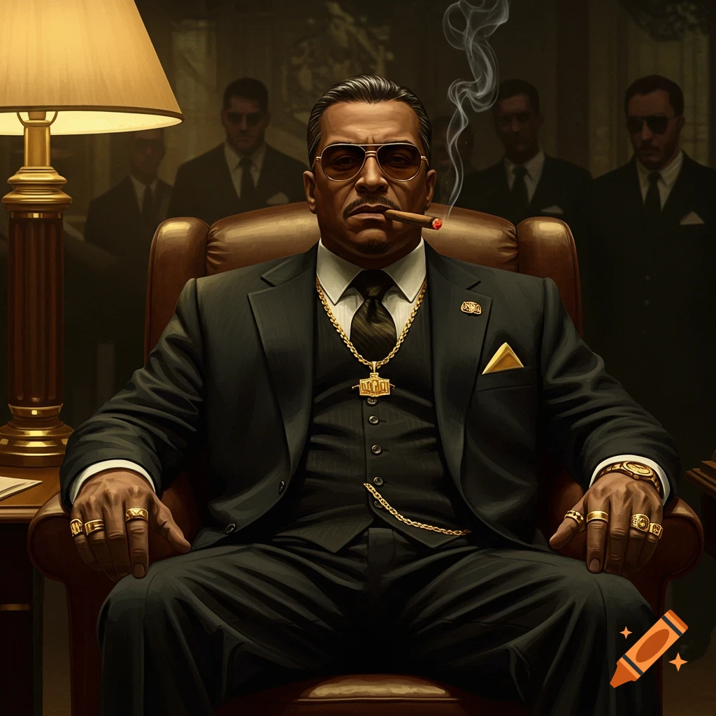 A powerful gangster in a black suit with gold chains and rings sits in a dimly lit office, smoking a cigar, with shadowy figures in the background.