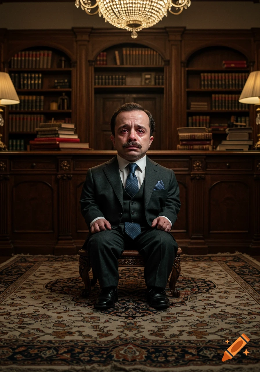 Photorealistic portrait of a sad man with a mustache, crying while sitting in a suit in a lavish library.