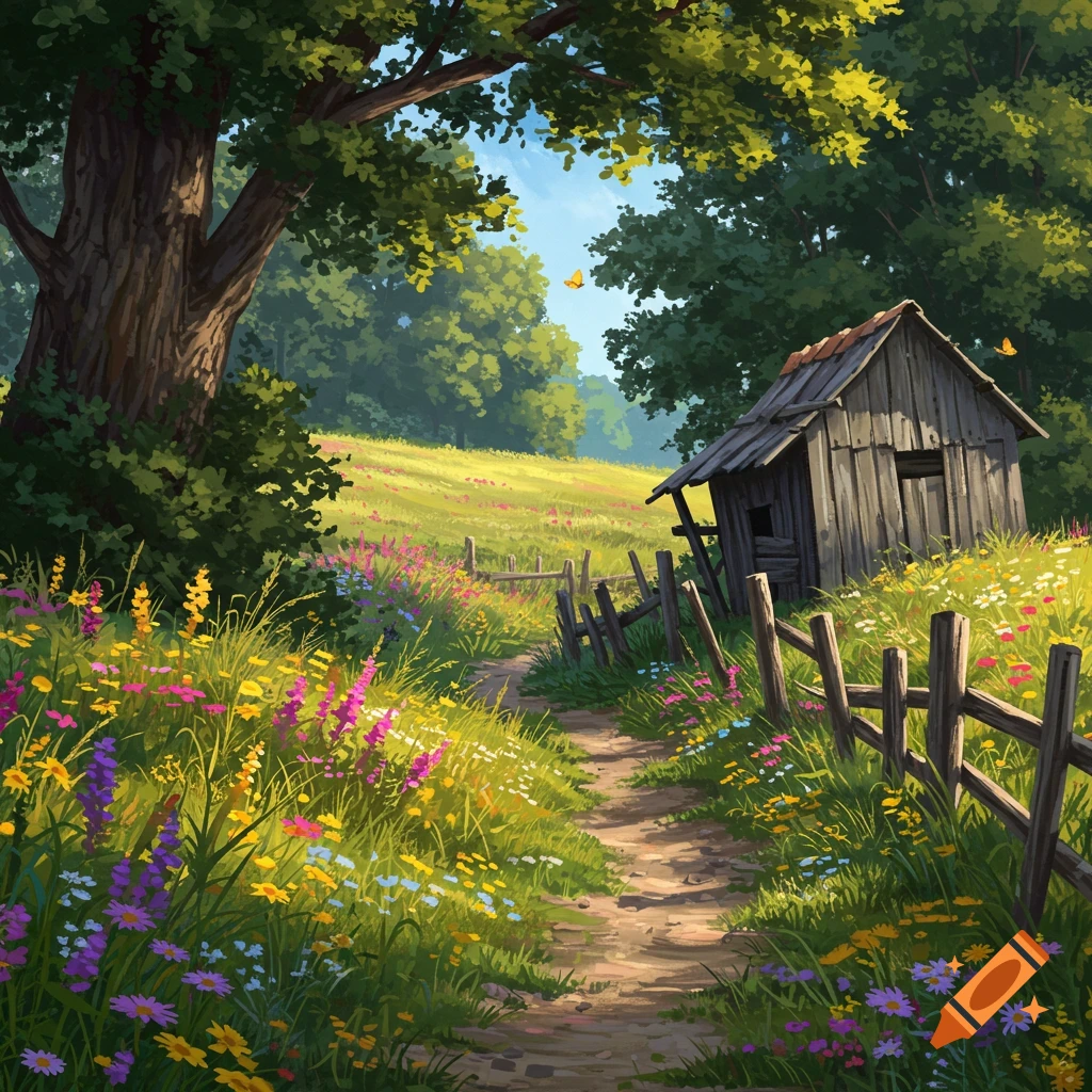 A winding dirt path through a field of colorful wildflowers, leading to an old wooden shack and fence, surrounded by lush trees.