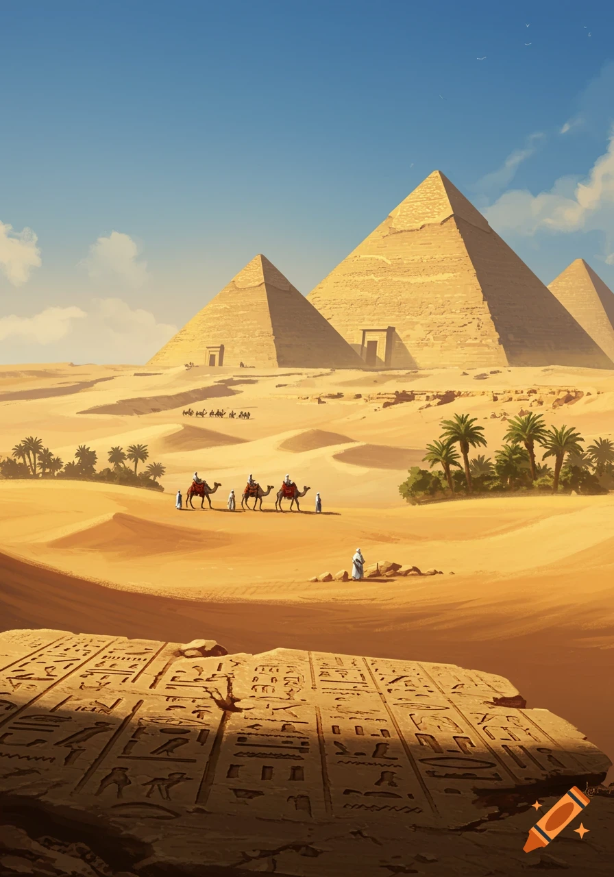 Illustrative painting of ancient Egyptian pyramids and a camel caravan in a desert, with hieroglyphs on a stone slab.