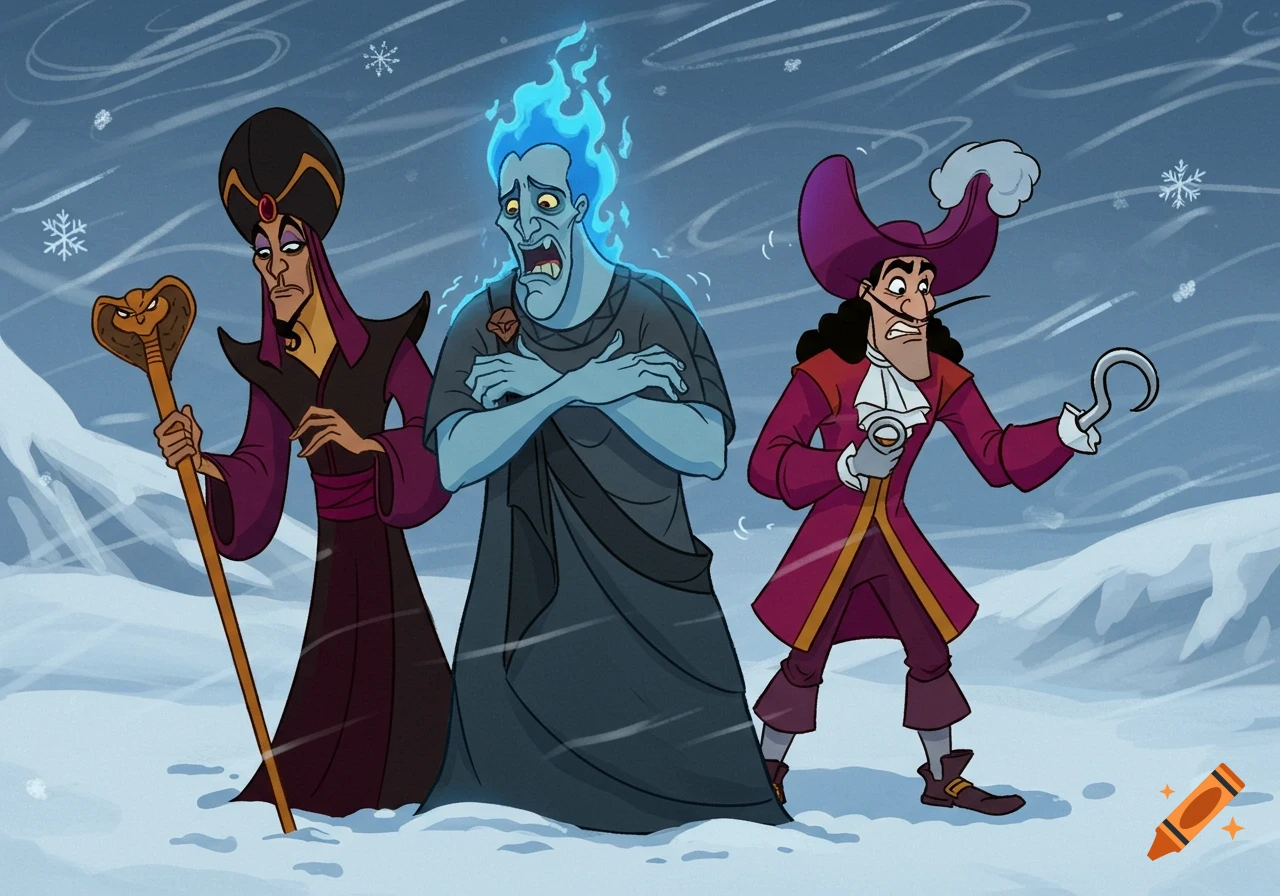Cartoon style image of Jafar, a shivering Hades, and Captain Hook looking concerned in a snowy landscape.