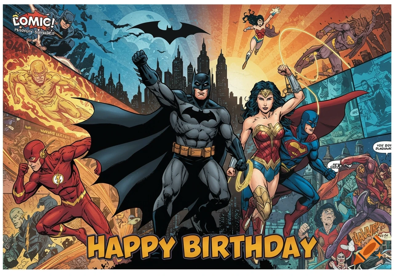 Comic book style 'Happy Birthday' poster featuring Batman, Wonder Woman, Superman, Flash, and other DC superheroes in action.