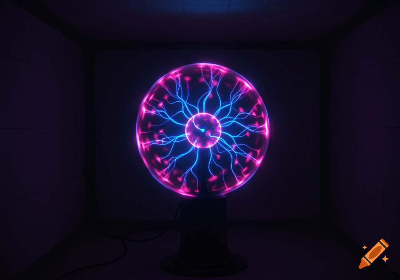 A glowing plasma ball with vibrant pink and blue electrical currents against a dark background.
