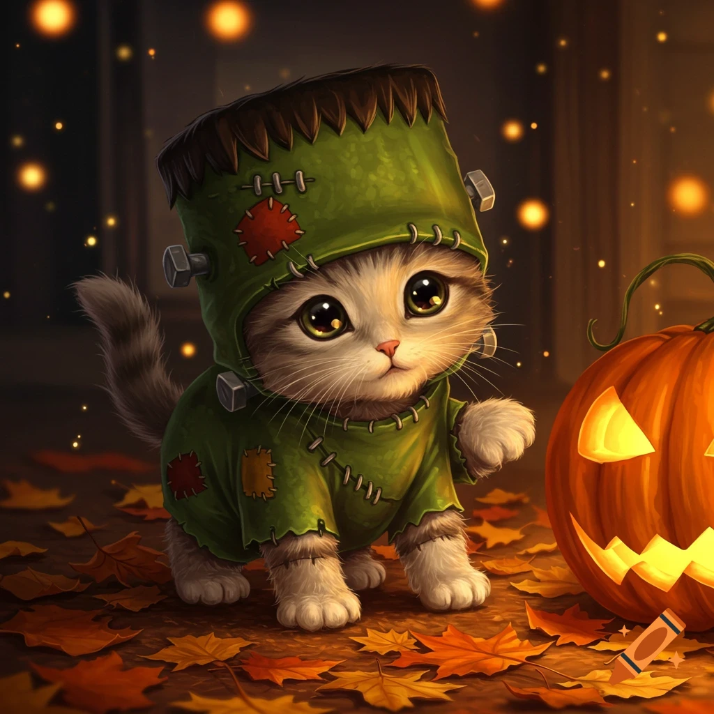 A cute, fuzzy kitten in a green Frankenstein costume stands on autumn leaves next to a glowing jack-o'-lantern in an illustrative style.
