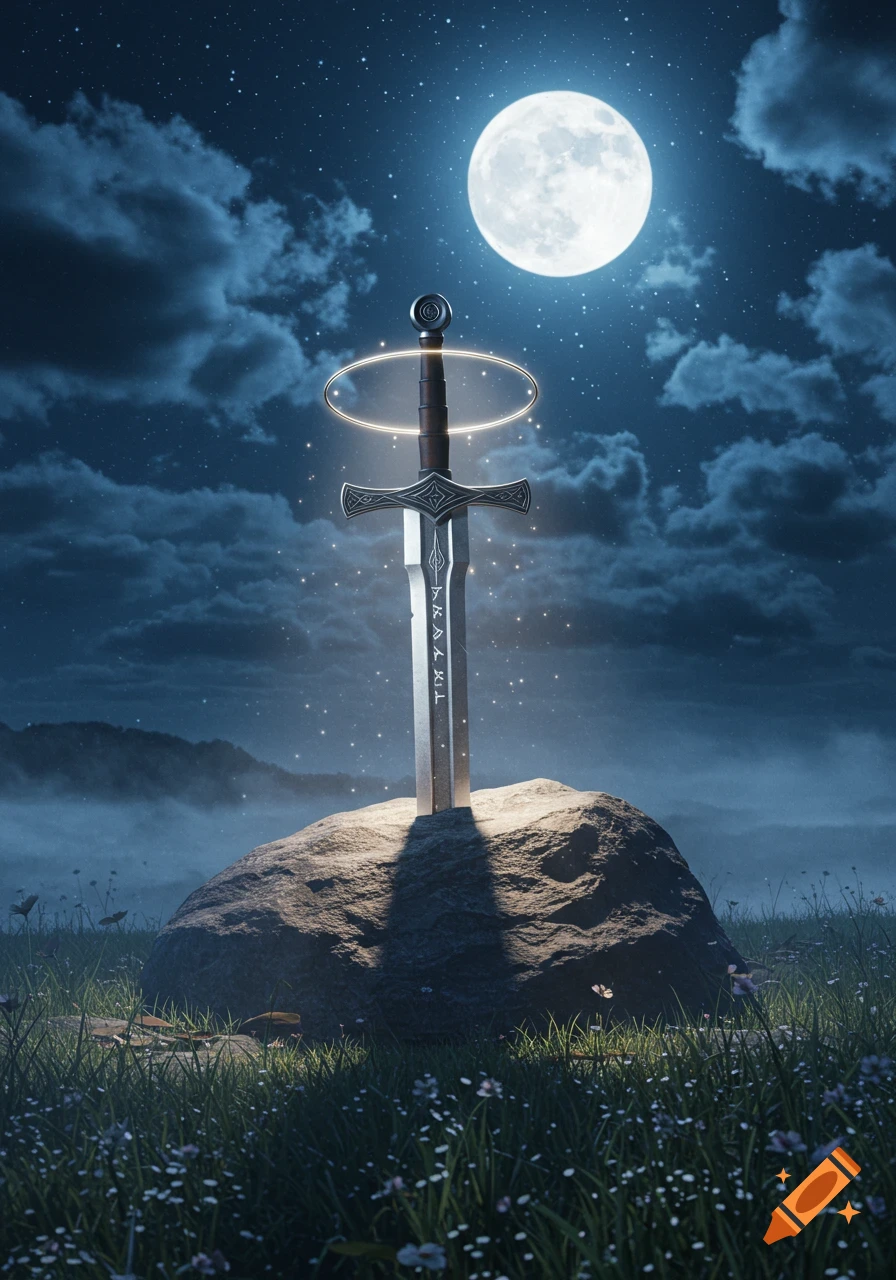 A glowing fantasy sword is plunged into a rock under a bright full moon and starry night sky.