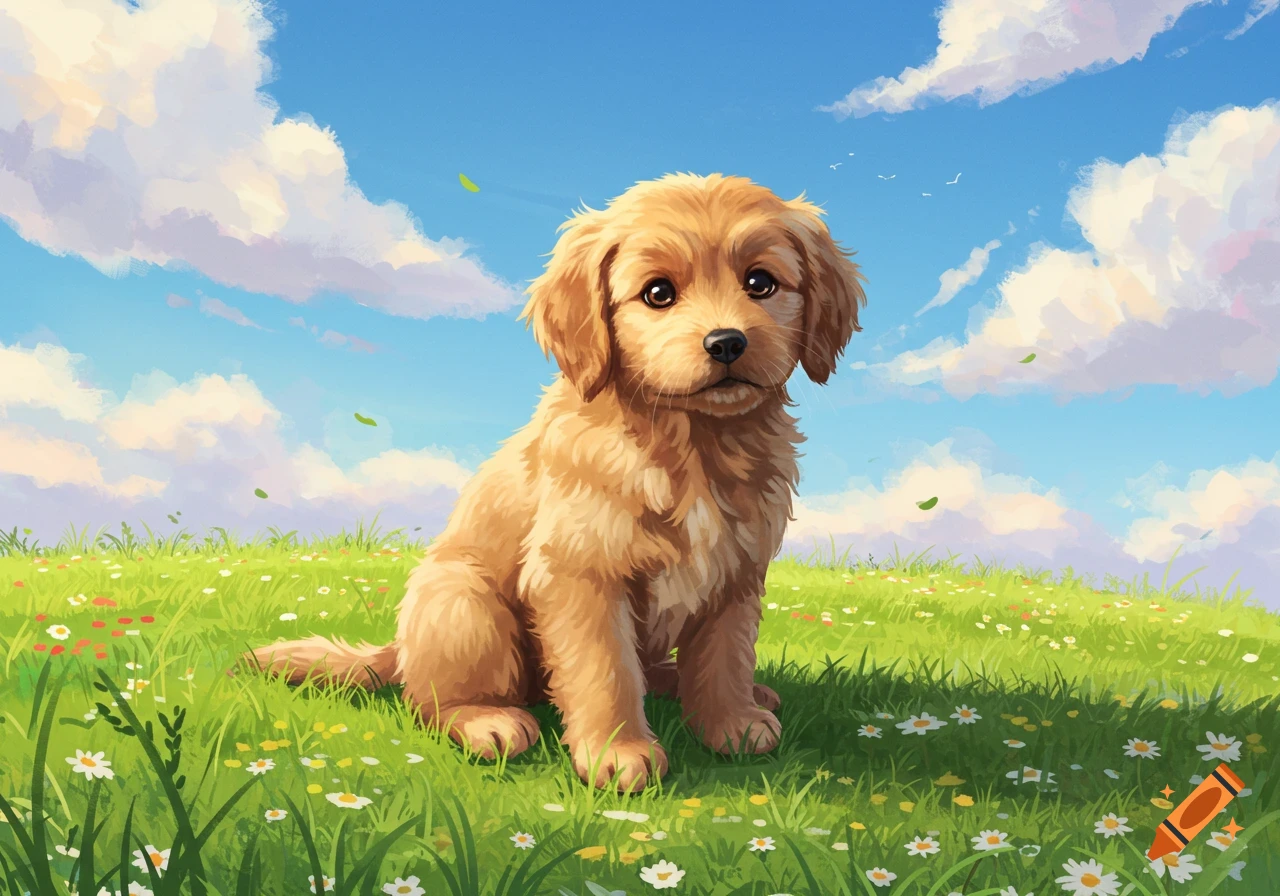 A fluffy golden retriever puppy sits in a vibrant green field with small white and red flowers under a bright blue sky with clouds, in an illustrative style.