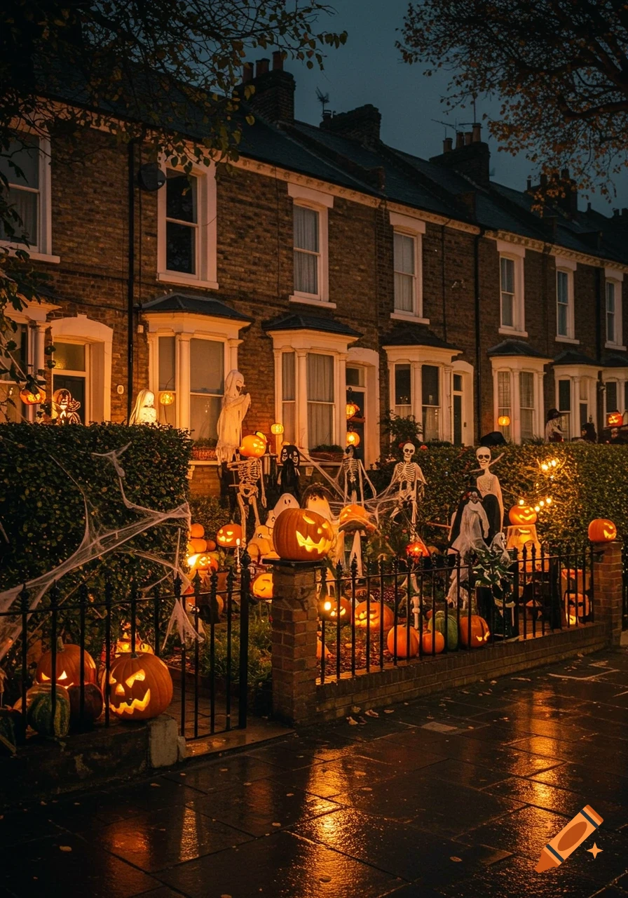 A photorealistic UK street at night, with houses and gardens lavishly decorated for Halloween with glowing pumpkins, skeletons, and ghosts. The wet pavement reflects the orange lights.